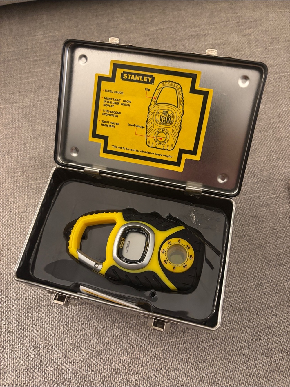 Stanley Yellow and Black Carabiner Level and Stop Watch with Case